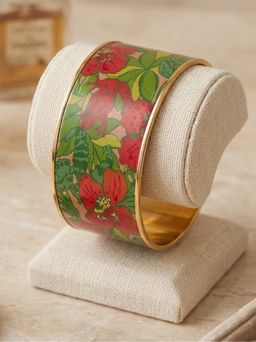 Lilly Pulitzer Floral Gold-Tone Wide Cuff Bracelet with Frogs RARE 2425